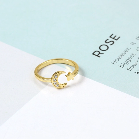 Moon And Star Open Ring Copper With AAA Zirconia Elegant Adjustable Jewelry For Women