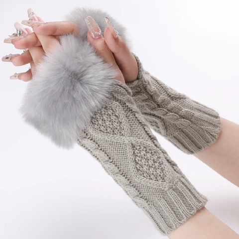 Guantes Sin Dedos De Punto Trenzado Para Mujer Con Ribete De Piel Sintética Calentadores De Brazos Térmicos Suaves