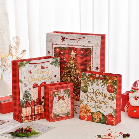 Sacchetti Regalo Di Natale Portatili In Cartone Festa Vacanze Stampa Buon Natale Motivo A Quadri Imballaggio Decorativo