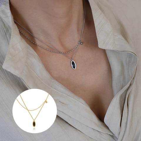 Double Layer Pendant Necklace Titanium Steel 18K Gold Plated Black Enamel Oval Vintage French Style Women Jewelry