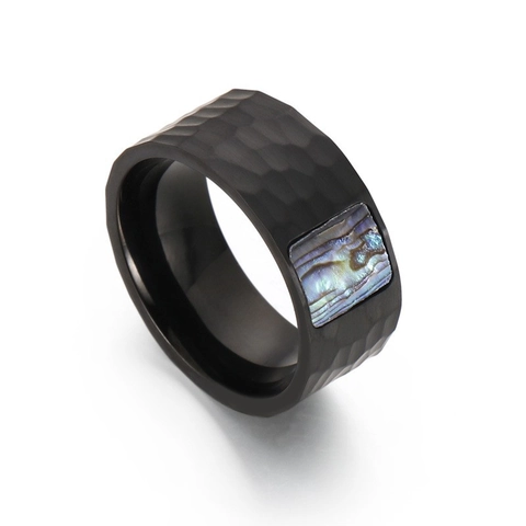 Anillo Para Hombre De Acero Inoxidable Con Patrón Martillado Banda Punk Retro Con Incrustación De Abulón