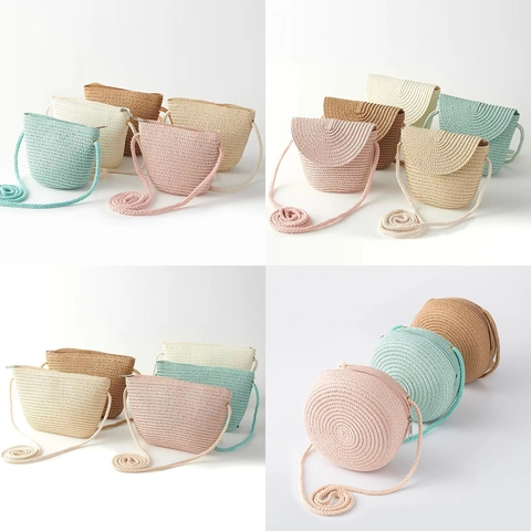 Kids Straw Woven Crossbody Bag Cute Summer Beach Shoulder Purse Mini Coin Pouch For Little Girls Fashion Accessories