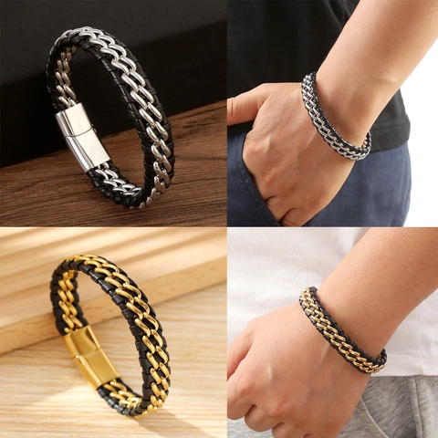 Pulsera Hombre Cuero Trenzado Con Cadena Acero Inoxidable Cierre Magnético Brazalete Hecho Mano Joyería Vintage Casual