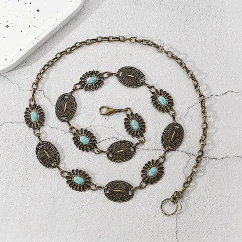 Cinturón de Cadena de Cintura de Aleación de Bronce Retro Bohemio con Incrustaciones de Turquesa Artificial Patrón de Girasol para Mujeres