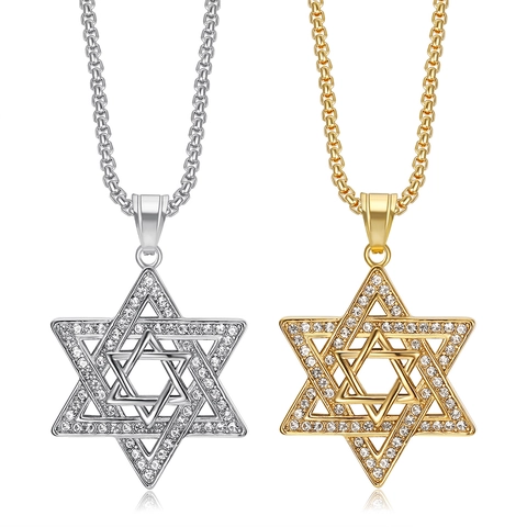 Star Of David Pendant Necklace Titanium Steel Gold Plated Rhinestone Inlaid Hexagram Hip Hop Religious Jewelry For Men