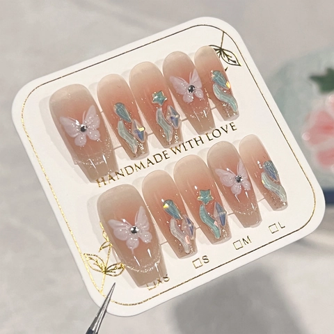 Press On Nails Long Coffin 3D Butterfly Rhinestone Star Pink Gradient Handmade Style French Elegant For Women