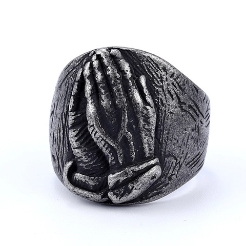 Praying Hands Ring Stainless Steel Vintage Punk Religious Jewelry For Men Women Retro Silver Color