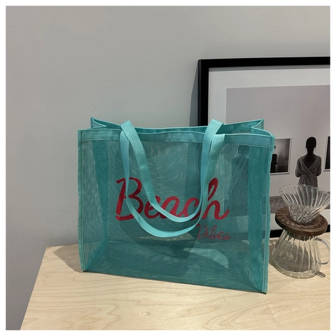 Grande Borsa Tote In Rete Nylon Traspirante Stampa Lettere Borsa A Mano Per Spiaggia Shopping Palestra Viaggi Donne