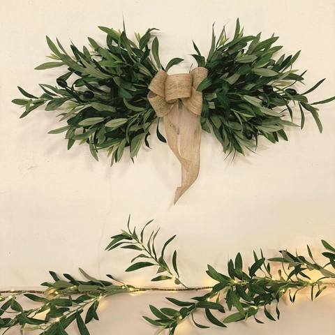 Artificial Olive Branch Swag With Burlap Bow Satin Leaf Plastic Fruit Wall Hanging Farmhouse Door Decor Greenery