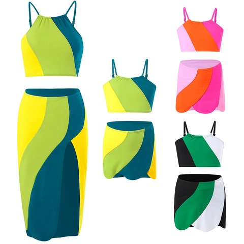 Nylon Patchwork Color Block Bademode Halter Top Und Rock Mit Hoher Taille Strandmode Bikini
