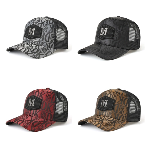 Mesh Trucker Hat With Metal Letter M Polyester Breathable Sun Protection Adjustable Baseball Cap For Men Women