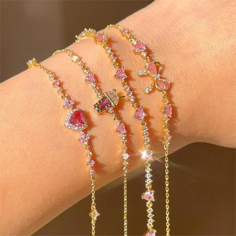 Süße Zirkonia Schleife Herz Schmetterling Anhänger Halskette Armband Für Damen Kupfer 14K Vergoldet Elegantes Schmuckset Geschenk
