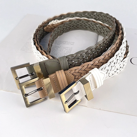 Women Vintage Hand Woven Synthetic Leather Belt Casual No Hole Pin Buckle Fashion Waist Strap For Jeans Dresses Pants