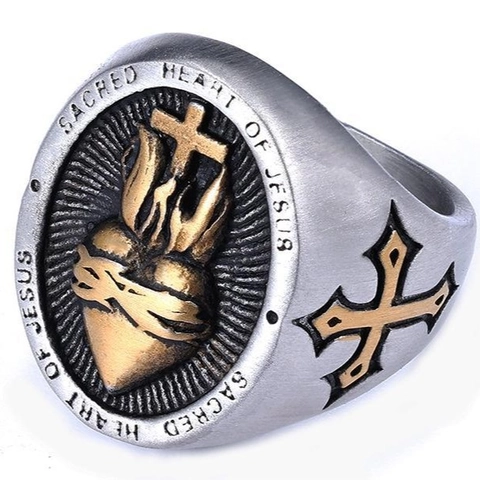 Sacred Heart Of Jesus Kreuz Ring Edelstahl Gothic Vintage Religiös Siegelring Herz Schmuck Für Herren