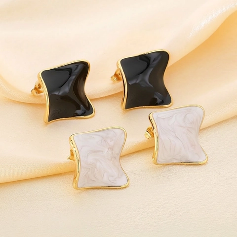 Irregular Square Stud Earrings Stainless Steel Enamel Drip Oil Geometric Gold Plated Edge Elegant Vintage Minimalist Chic Women