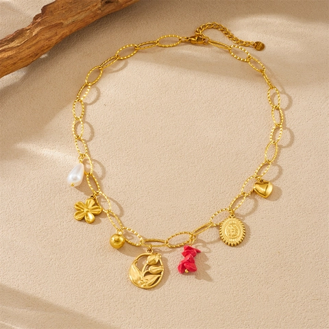 Vintage 304 Stainless Steel Gold Plated Multi Pendant Necklace Tulip Flower Cross Faux Artificial Pearl Red Stone Heart Charms Chic