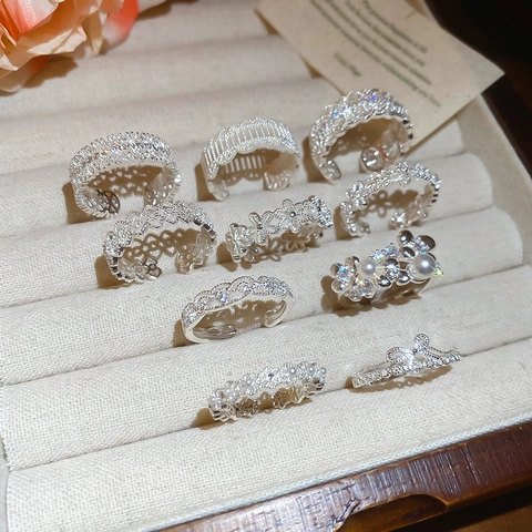 Elegant Lace Hollow Copper Rings For Women With Zircon And Simulated Artificial Pearl Flower Bowknot Adjustable Open Design Accessory