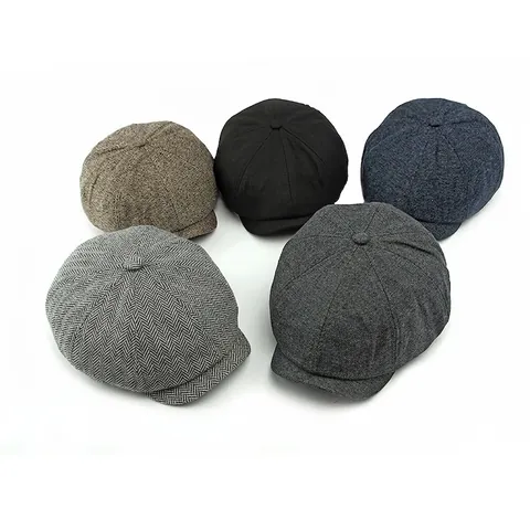 Newsboy Cap Herringbone Tweed Octagonal Hat Warm Fleece Lined Retro British Style Vintage Winter For Men Women