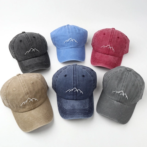 Vintage Washed Cotton Mountain Peak Embroidery Baseball Cap Unisex Distressed Outdoor Sun Protection Adjustable Fashion Baseball Hat