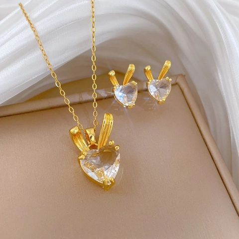 Heart Zircon Rabbit Ear Gold Plated Stainless Steel Chain Copper Necklace And Earrings Fashion Accessory For Women
