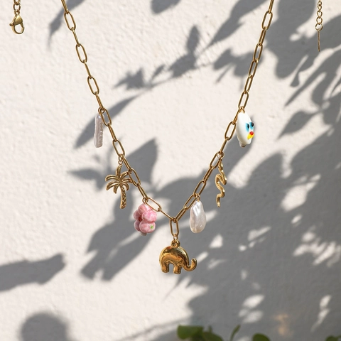 Collar Con Colgante De Acero Inoxidable Con Perla Barroca Artificial Elefante Palmera Flor Serpiente Para Mujer Joyas Bohemias
