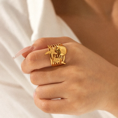 Anillo Abierto Estrella De Mar Concha Conch Bañado En Oro 18K Acero Inoxidable Joyería Oceánica Para Mujeres
