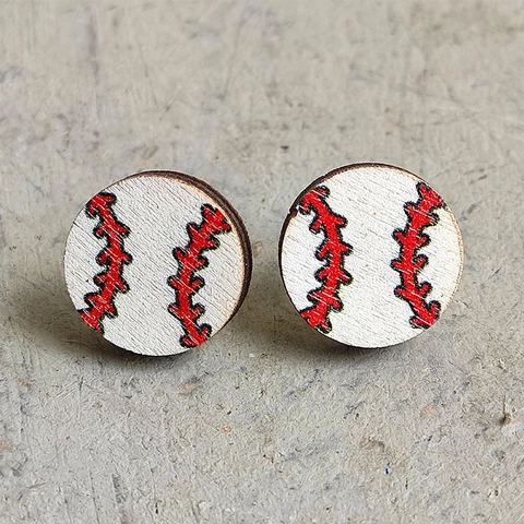 Sports Ball Stud Earrings With Wood Material And Steel Earring Post Basketball Football Soccer Baseball Pattern For Men Women