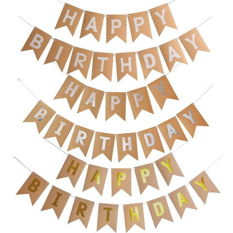 Happy Birthday Banner Kraft Paper Gold Foil Swallowtail Bunting Burlap Style Party Decoration Hanging Sign