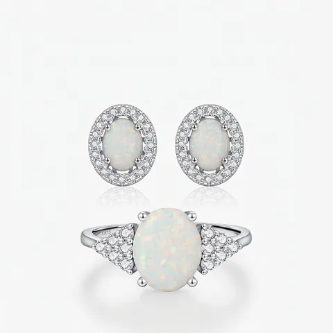 Anillo Y Pendientes Ópalo Sintético Ovalado De Plata De Ley 925 Con 925 Sterling Silver Earring Post Circonita