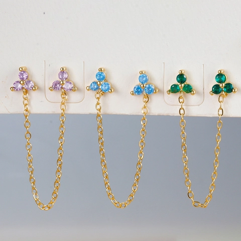 Copper Rhinestone Flower Double Stud Earrings With Chain Tassel Geometric Piercing Jewelry For Women Gold Silver Plated