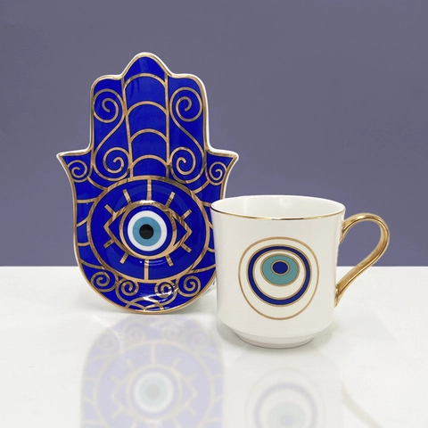 Set Tazzina da Caffè e Piattino Turco in Ceramica Con Piatto Mano di Fatima e Manico Oro Motivo Malocchio Regalo