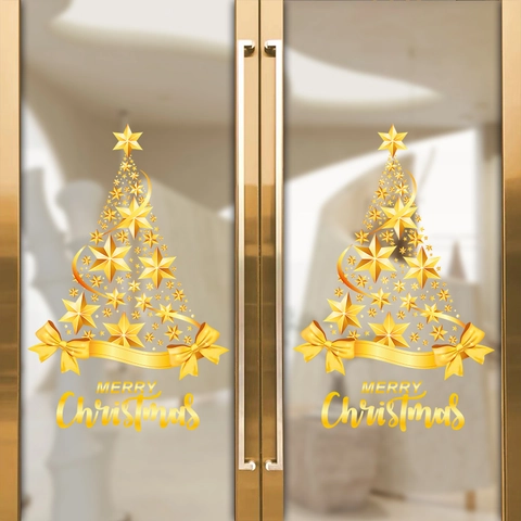 Christmas Tree Window Sticker Golden Star Pattern Merry Christmas Lettering PVC Static Cling Glass Decoration Festive Ornament