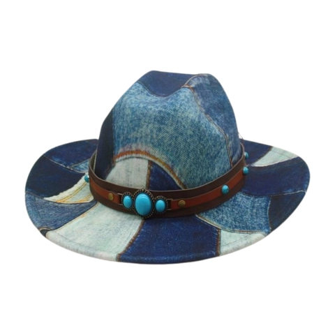 Cappello Da Cowboy Western Vintage Patchwork Denim Cotone Fedora Cintura In Pelle Borchie Turchesi Stile Bohemien