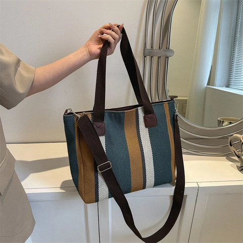 Striped Canvas Tote Bag Large Capacity Casual Commuter Shoulder Handbag For Women With Adjustable Strap