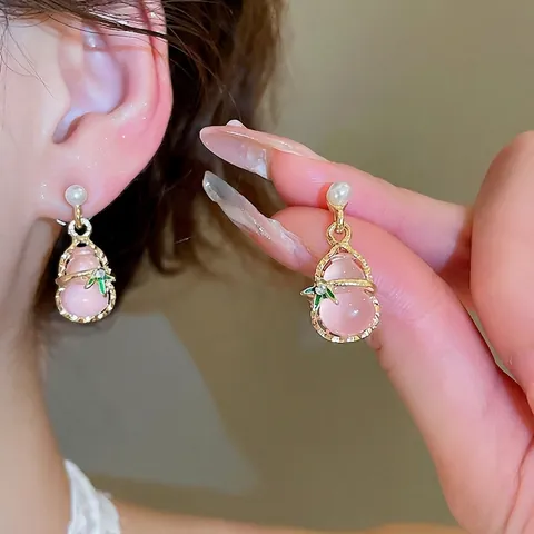 Gourd Pendant Earrings Pink Resin Faux Artificial Pearl Bamboo Leaf Alloy With 925 Sterling Silver Earring Post Chinese Style Women