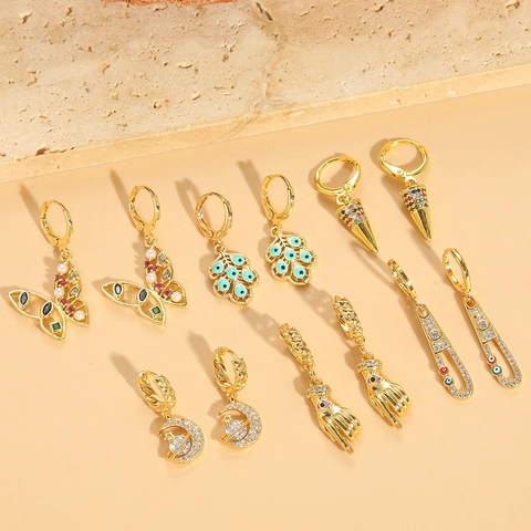 Vintage Ins Stil Kupfer Zirkonia Schmetterling Mond Palme Hand Böser Blick Ohrhänger Gold Emaille Künstliche Perle Schmuck Für Damen