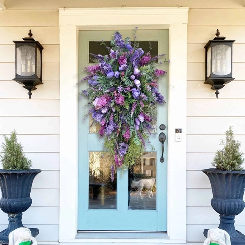 Purple Artificial Tulip Wreath Teardrop Flower Swag For Front Door Home Decor Spring Summer Satin Plastic Lavender