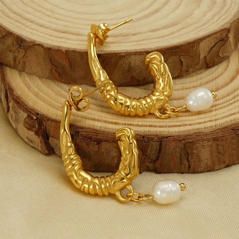 Orecchini Pendenti Con Künstliche Perle A Forma Di U Vintage Francese Acciaio Inossidabile Placcato Oro 18K Texture Fusa Donna