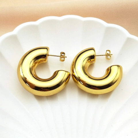 C-Shaped Stud Earrings Stainless Steel High Polish Mirror Gold Tone Minimalist Thick Geometric Jewelry For Women