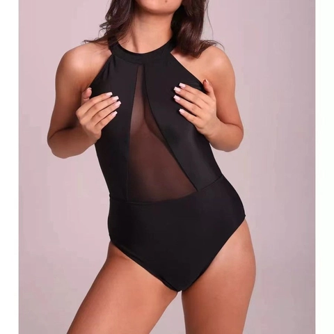 Neckholder Monokini Badeanzug Mit Mesh-Einsatz Ausschnitt Rückenfrei Sexy Badebekleidung Für Damen