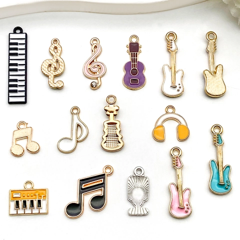 Music Note Instrument Charms Alloy Enamel Guitar Piano Violin Pendants For DIY Jewelry Making Crafts