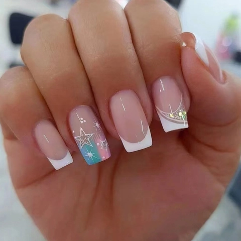 French White Tip Press On Nails Star Patterns Blue Pink Gradient Glitter Elegant Reusable Artificial False Nails For Women