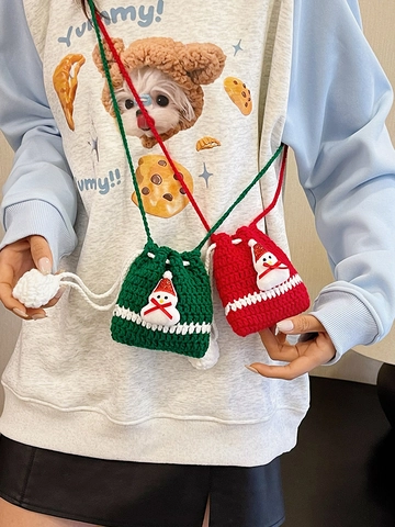 Handmade Crochet Mini Crossbody Bag Christmas Reindeer Santa Snowman Yarn Knitted Drawstring Pouch Festive Gift