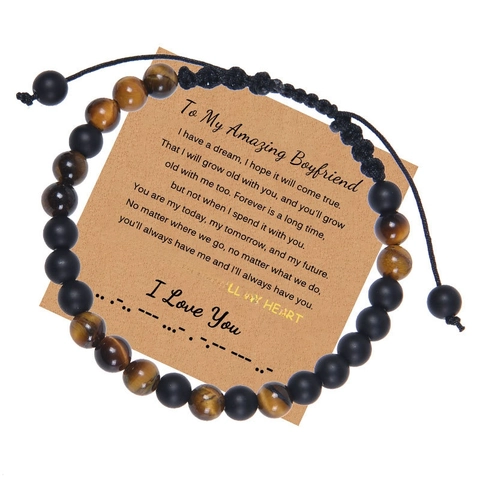 Bracelet Code Morse Oeil De Tigre Naturel Pierre Noire Mate Turquoise Blanche Fait Main Corde Tissée Ajustable Cadeau Pour Homme Fils
