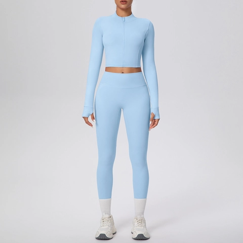 Ropa De Yoga Para Mujer Gimnasio Fitness Leggings Sin Costuras De Cintura Alta Y Chaqueta Con Cremallera
