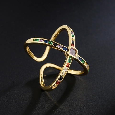 Geometric Open Ring Copper 18K Gold Plated Multi Color Square Zircon Adjustable Fashion Jewelry For Women