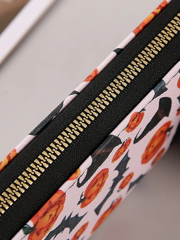 Damen Lange Reißverschluss Geldbörse PU Leder Halloween Kürbis Fledermaus Muster Kartenfächer Clutch Portemonnaie