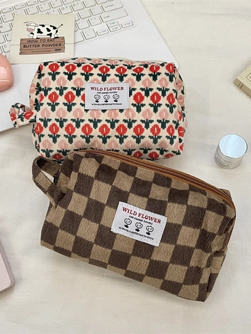 Corduroy Kulturbeutel Schachbrett Blumenmuster Tragbare Kosmetiktasche Reißverschluss Reise Organizer Für Damen