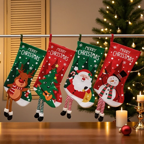 Calze Di Natale Sacchetti Regalo Tessuto Decorazione Appesa Gambe Lunghe A Strisce Cartone Animato Babbo Natale Pupazzo