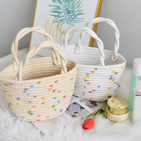 Women Woven Cotton Rope Handbag Colorful Pompoms Twisted Handle Sweet Boho Casual Shoulder Bag